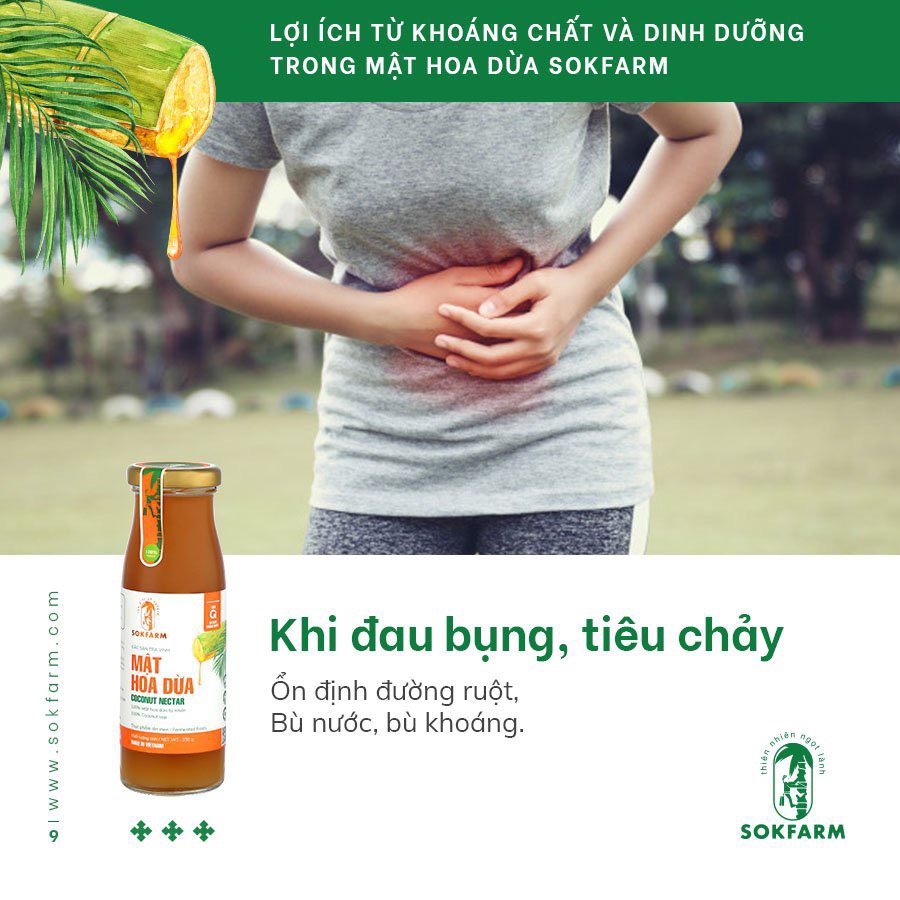 ổn định đường ruột, tiêu chảy với mật hoa dừa Sokfarm